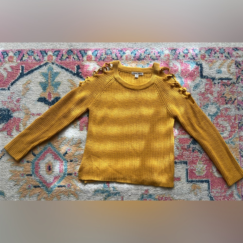 Moral Fiber Yellow Gold Lace Up Shoulder Sweater Small